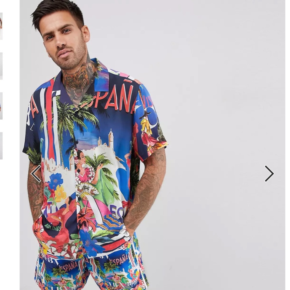 ASOS Men's Tropical Postcard Short Sleeve Shirt Large